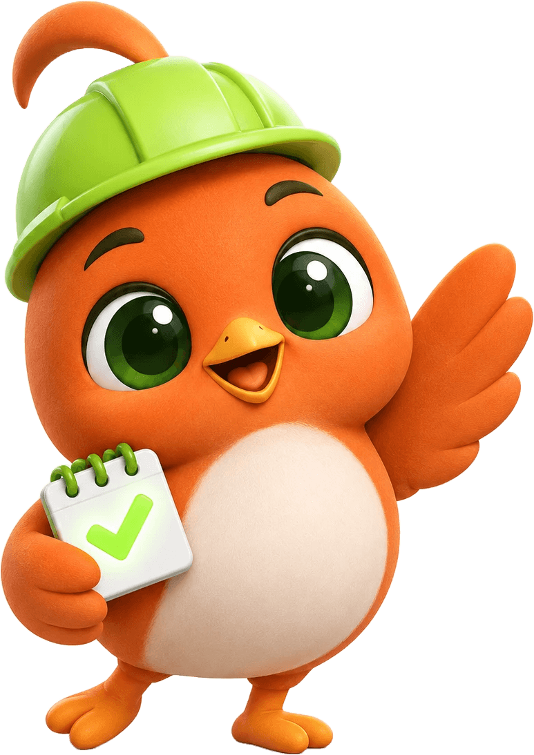 Mascote do Casa em Dia: um joão-de-barro de capacete verde, acenando e segurando um calendário com um check